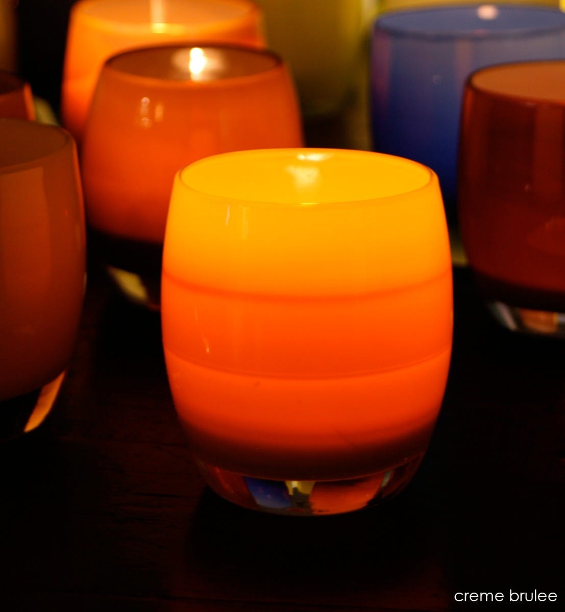  creme brûlée caramel, hand-blown glass votive candle holder