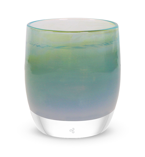 enchanted hand-blown misty green glass votive candle holder.