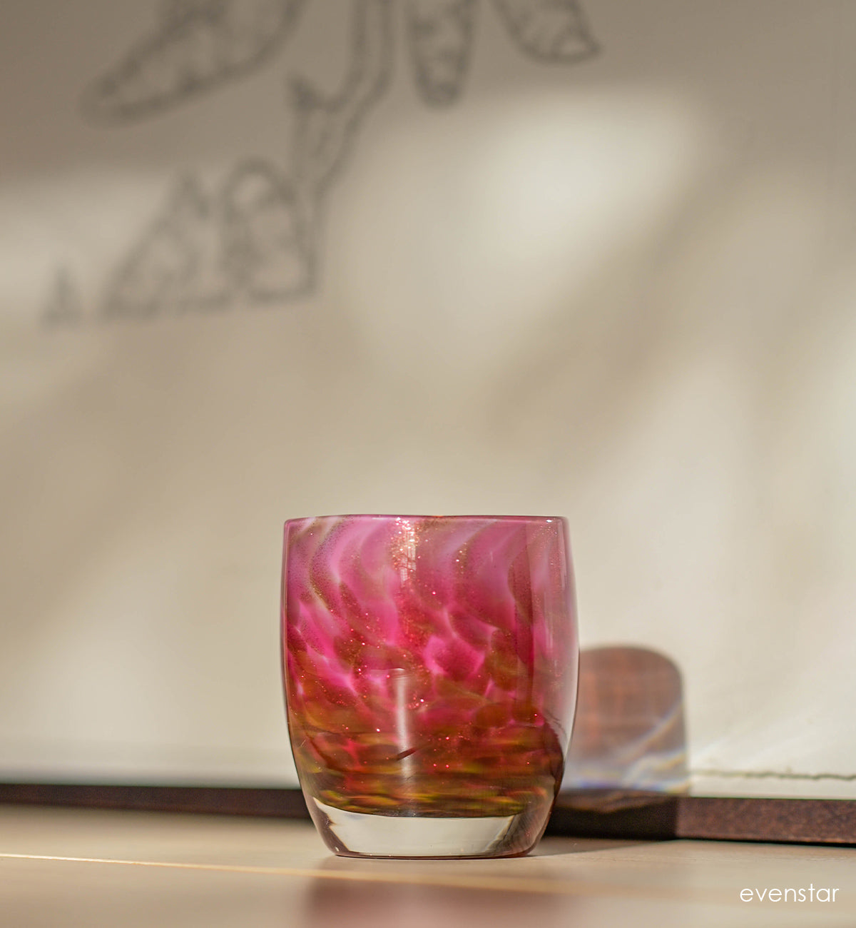evenstar pink and gold gliter hand-blown glass candle holder votive image