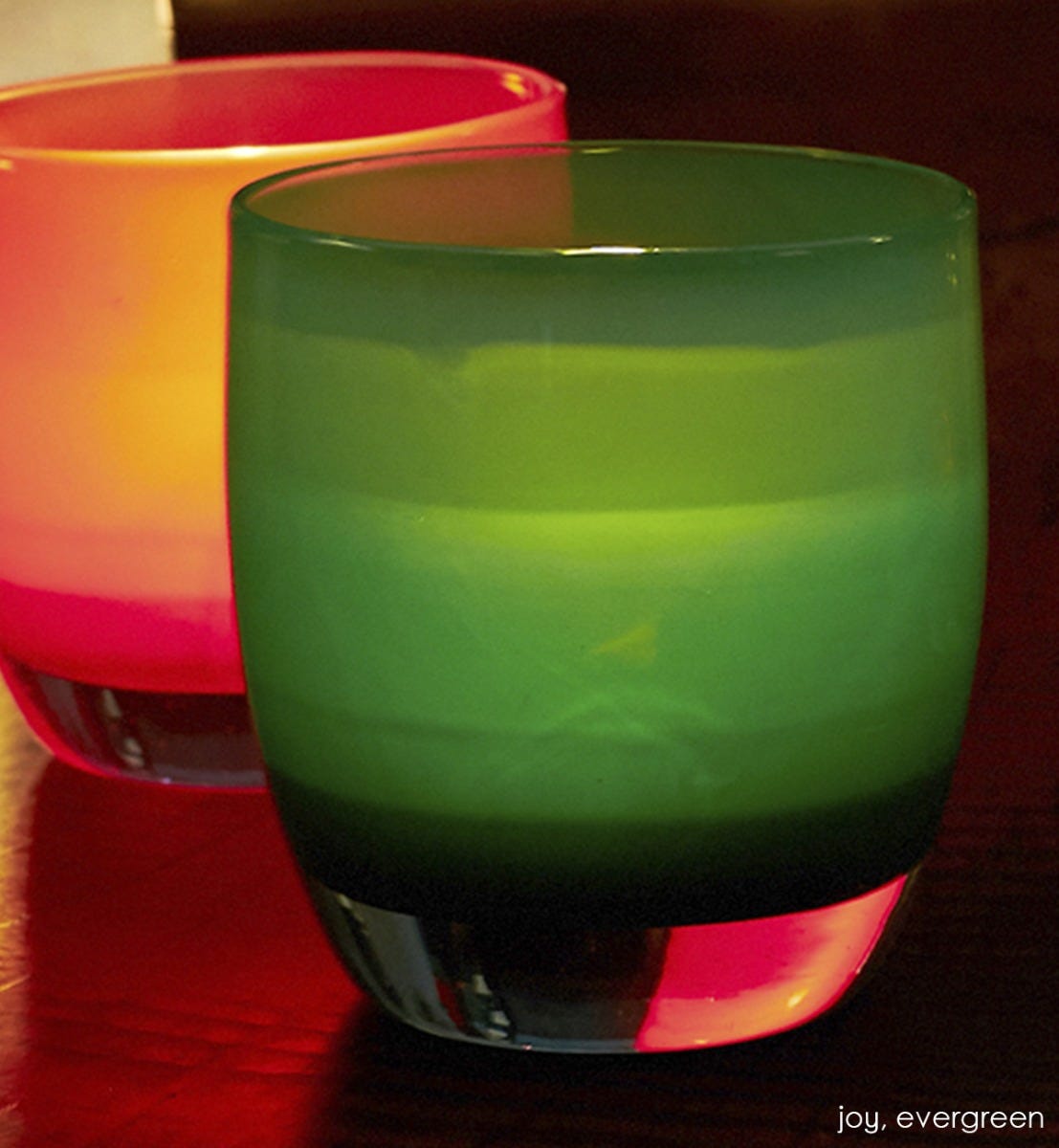 evergreen hand-blown glass votive candle holder. Paired with joy.
