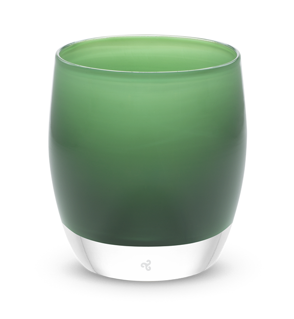 evergreen hand-blown glass votive candle holder.