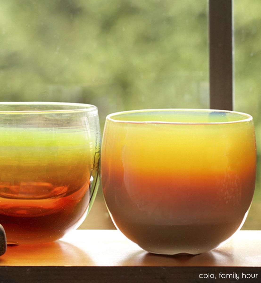 family hour drinker, rust orange hand-blown drinking glass. Paired with cola.