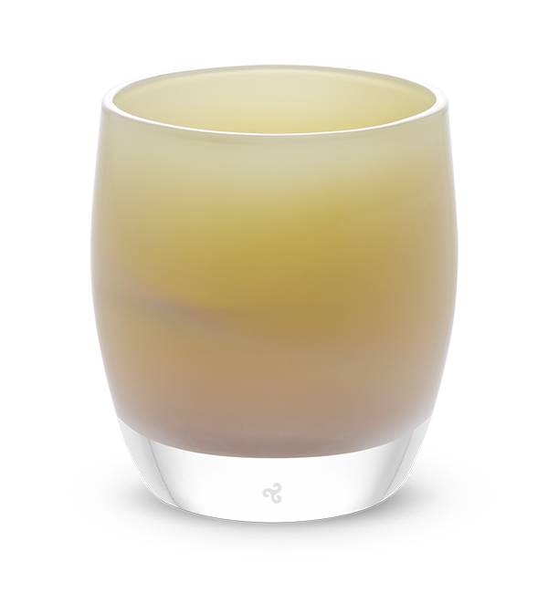 friendship hand-blown soft yellow with brown banding glass votive candle holder.