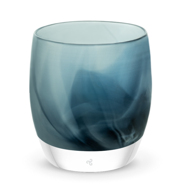 i see you, smokey blue pattern, hand-blown glass votive candle holder.