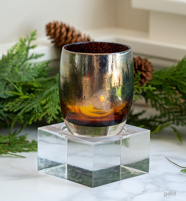 gold, metallic gold on brown, hand-blown glass votive candle holder.
