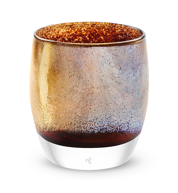 gold, metallic gold on brown, hand-blown glass votive candle holder.