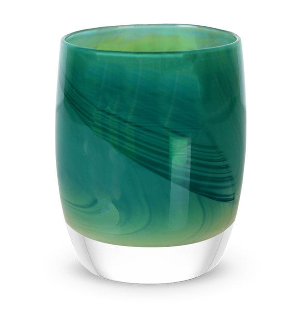gratitude too, textured translucent teal green with silver luster, hand-blown glass votive candle holder