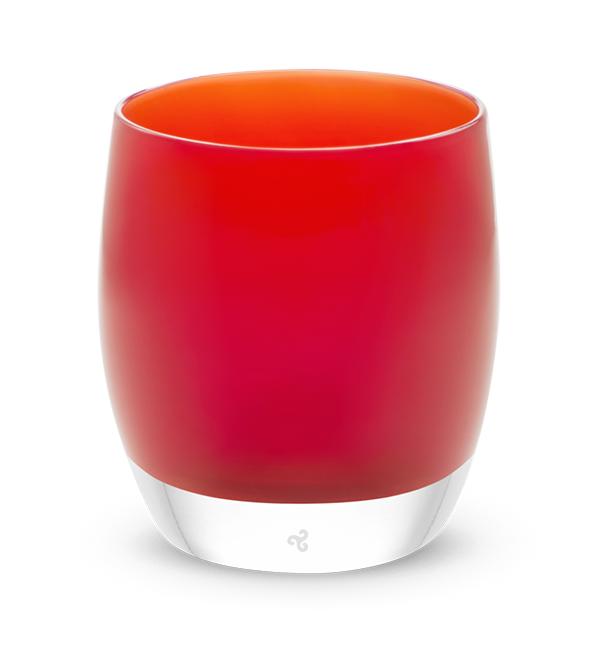 happiness scarlet red hand-blown glass votive candle holder.