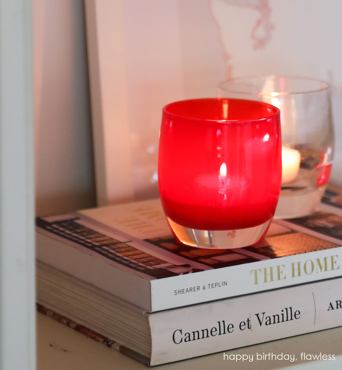 happy birthday bright red, hand-blown glass votive candle holder. paired with flawless
