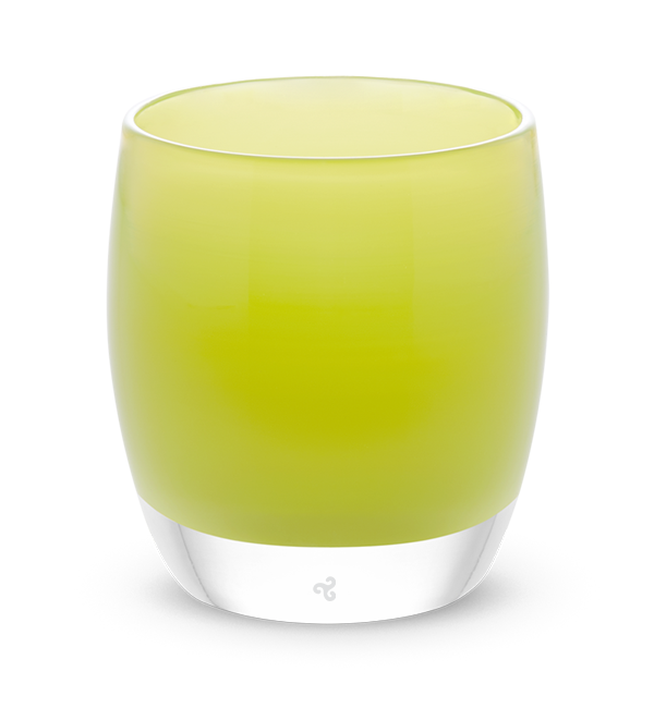 hidden moss, pear green, hand-blown glass votive candle holder.