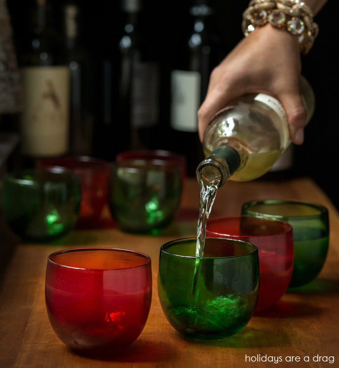 red and green hand-blown drinking glass set
