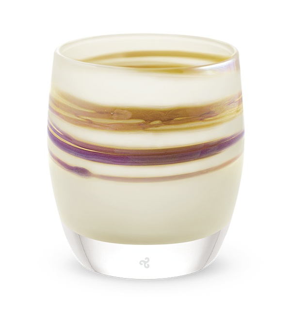hand-blown white brown glass votive candle holder with purple