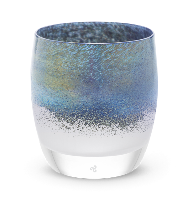 home blue green metallic on white, hand-blown glass votive candle holder.