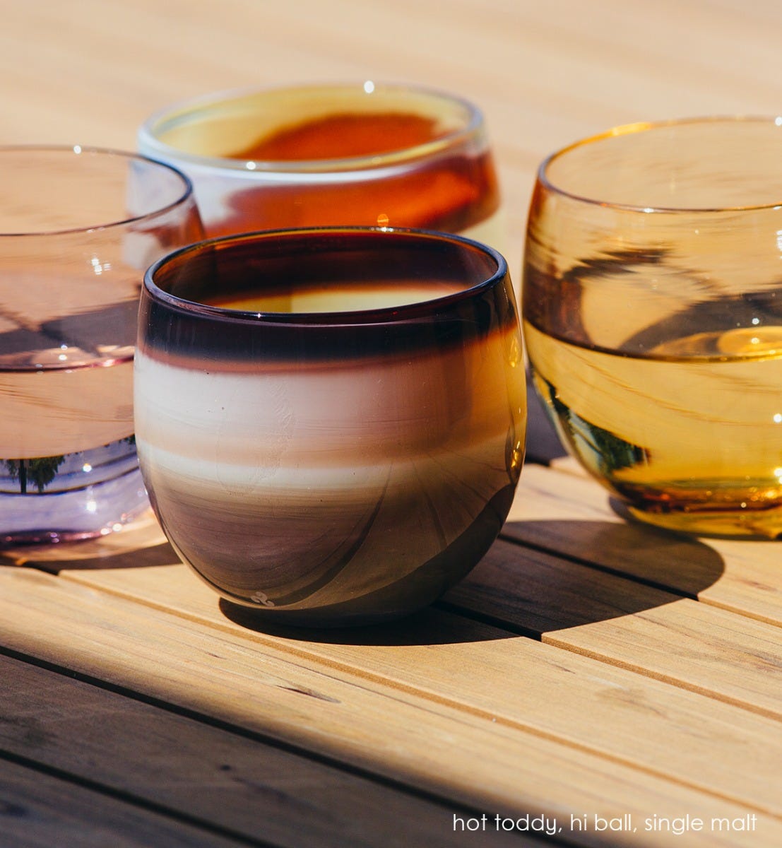 hot toddy drinker, brown and purple toned hand-blown drinking glass. Paired with single malt drinker and hi ball drinker.