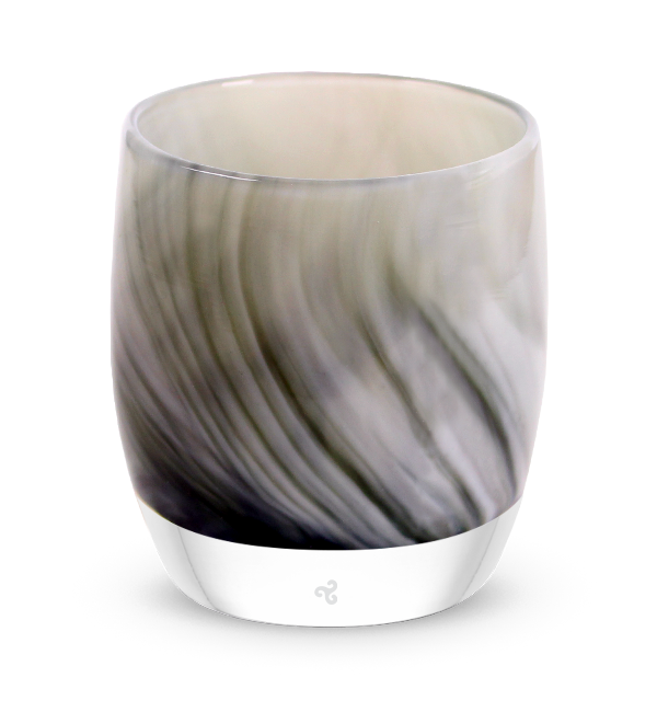 humble hand-blown grey black swirled glass candle holder.