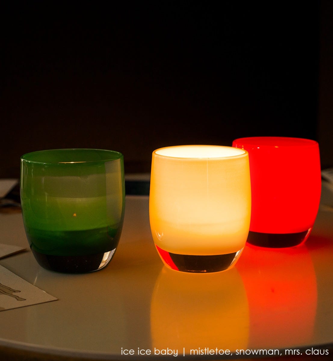 ice ice baby set, mrs clause red, snowman white, mistletoe green, handblown glass votive candle holder