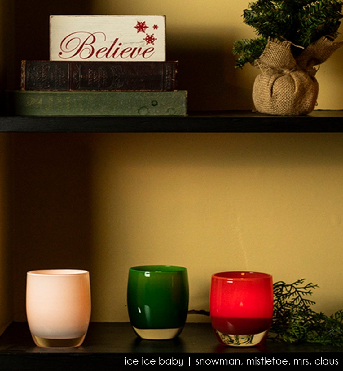 ice ice baby set, mrs clause red, snowman white, mistletoe green, handblown glass votive candle holder