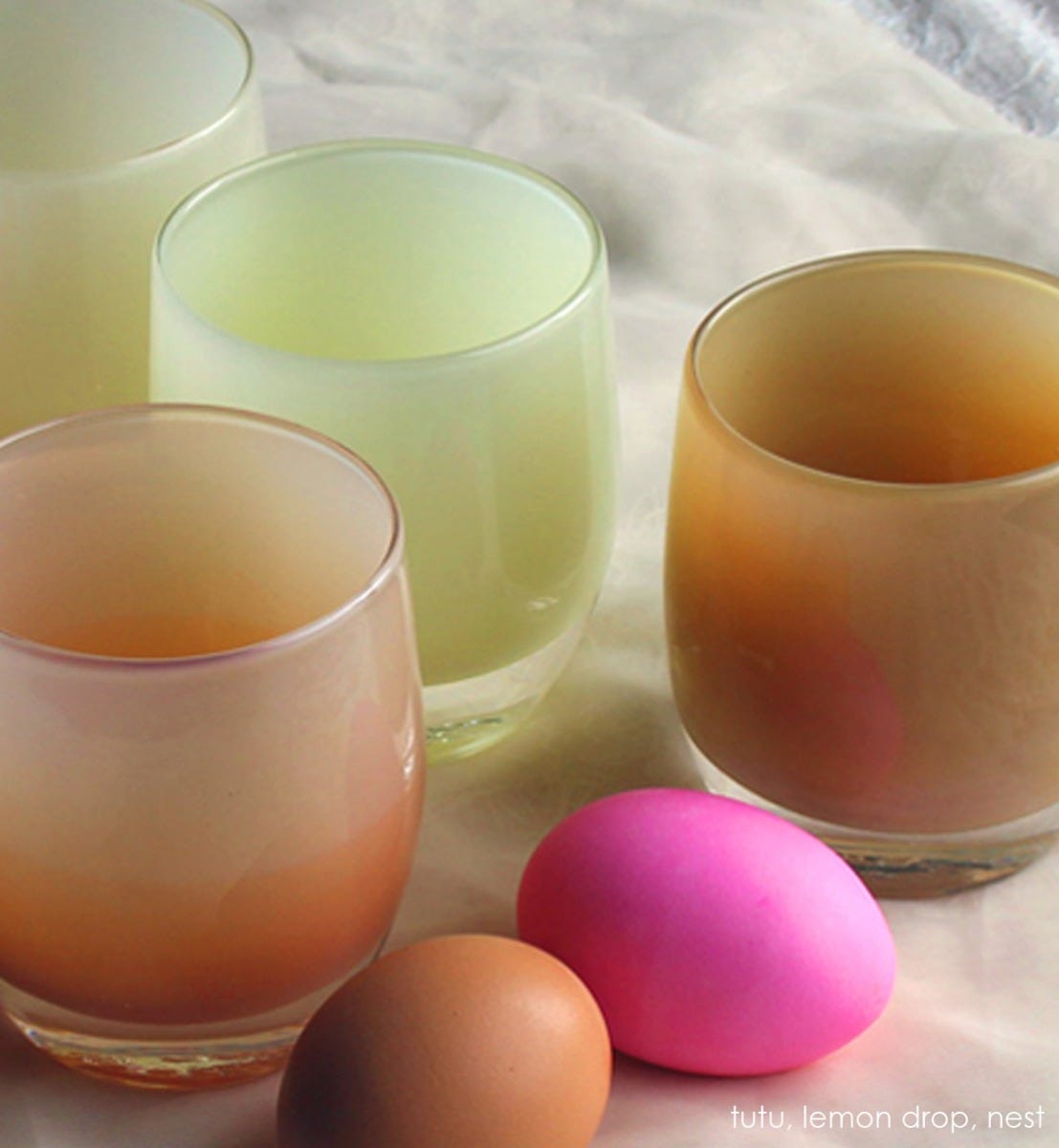 lemon drop soft yellow hand-blown glass votive candle holder. Paired with tutu and nest.