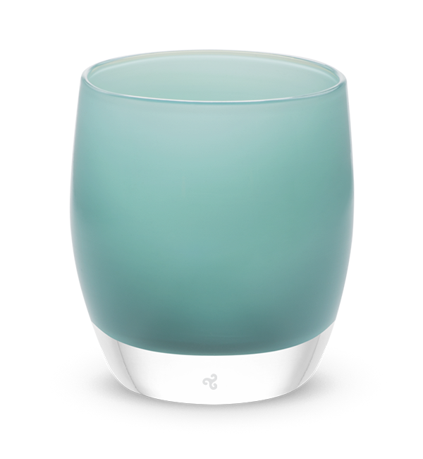 looking up aqua hand-blown glass votive candle holder.