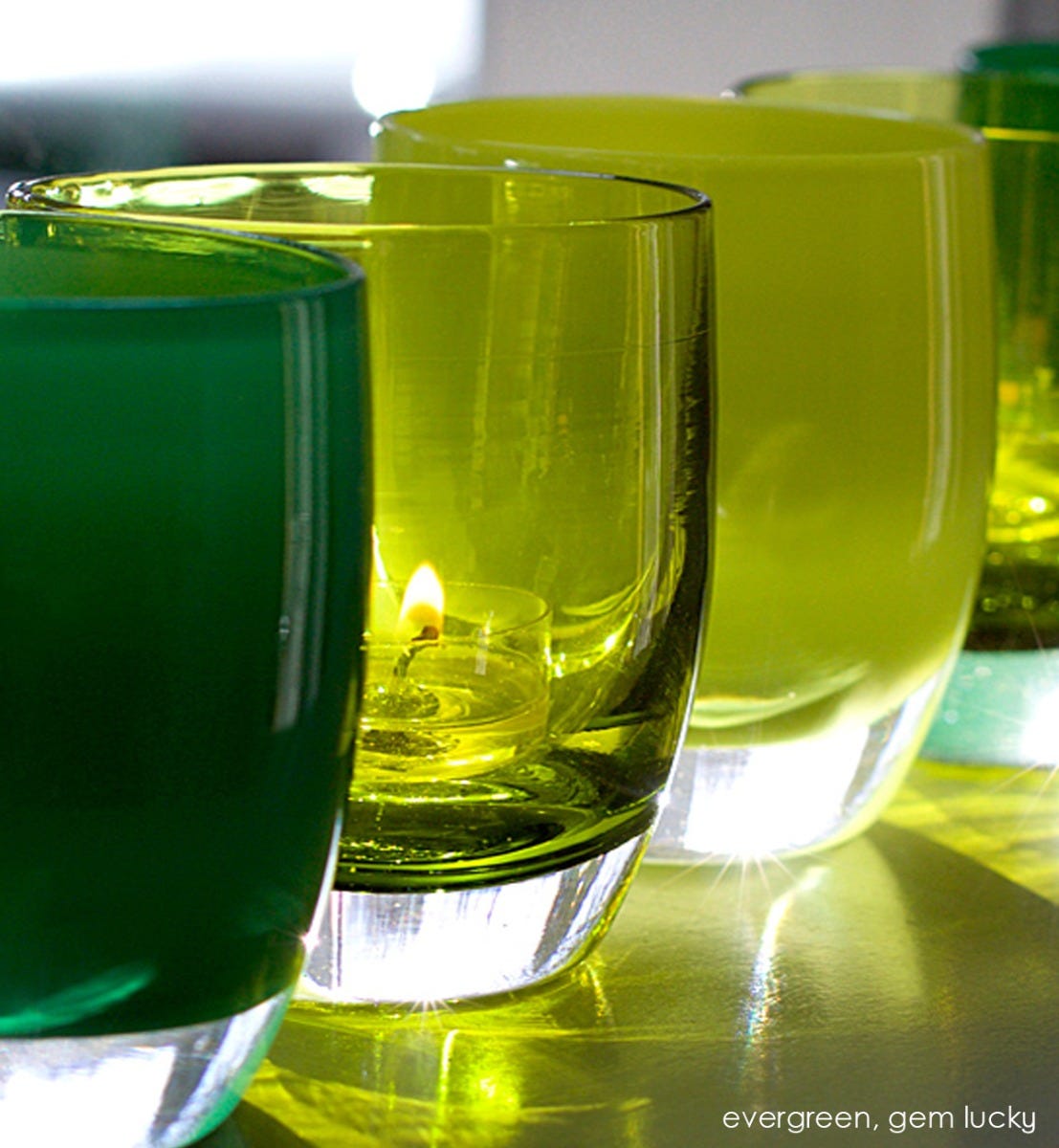 lucky lime green hand-blown glass votive candle holder. Paired with evergreen and gem.