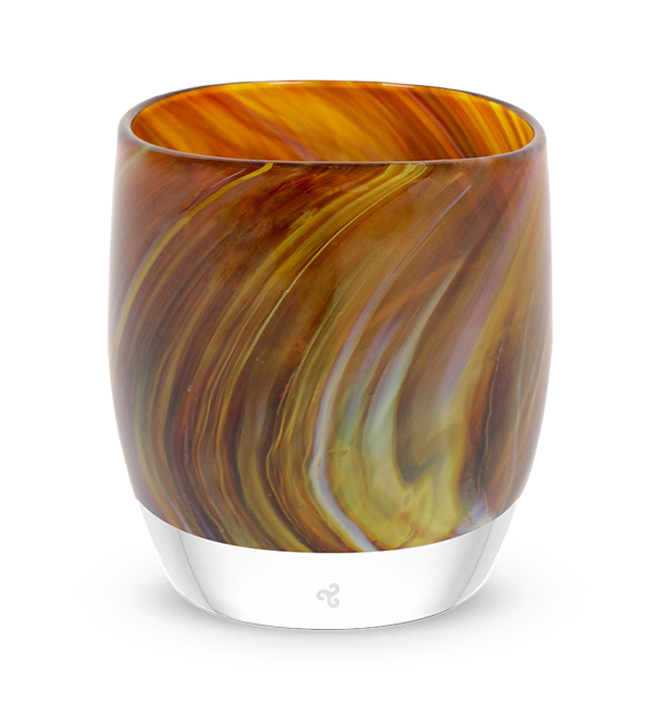 lucky penny brown swirled hand-blown glass votive candle holder.