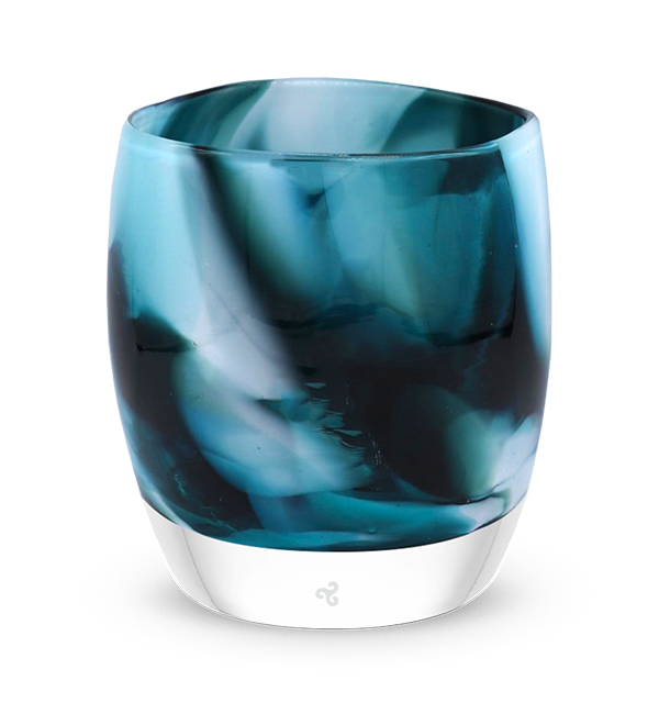 magnetic teal and white petal textured, hand-blown glass votive candle holder.