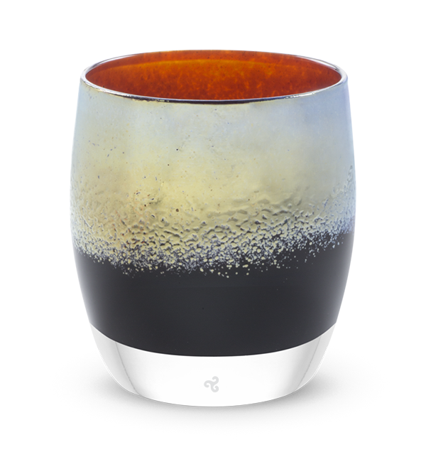 master of the universe silver on brown hand-blown glass votive candle holder.