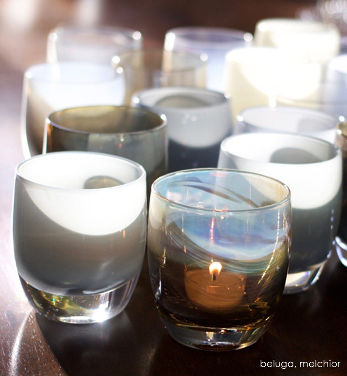 melchior shiny purple gray transparent, hand-blown glass votive candle holder