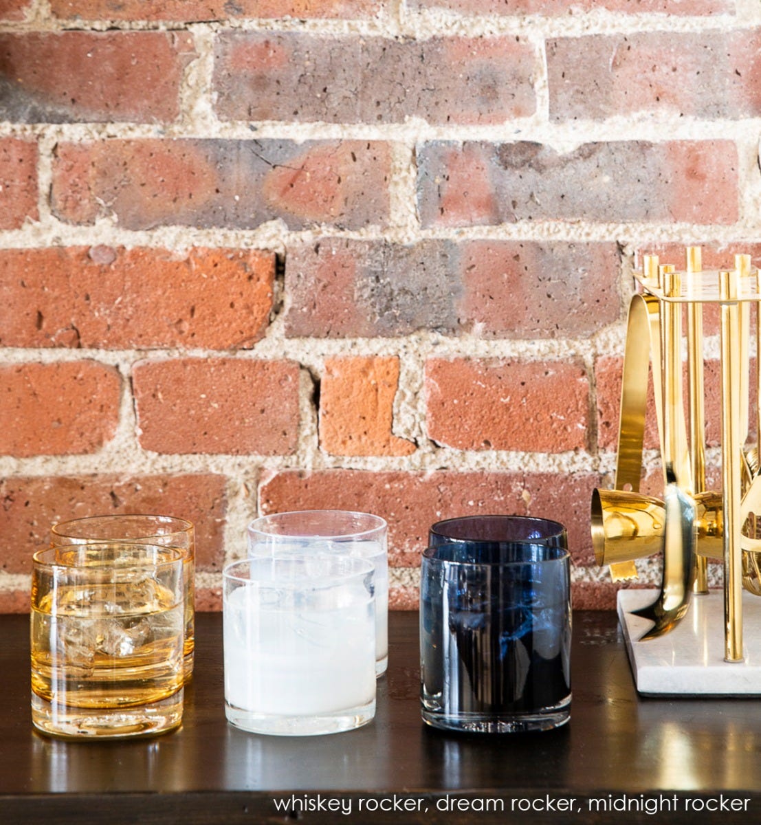 midnight rocker dark blue hand-blown lowball drinking glass. Paired with whiskey rocker and dream rocker.