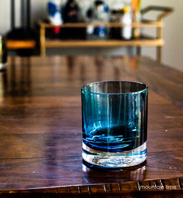 mountain time rocker, transparent two toned cobalt blue, hand-blown lowball drinking glass