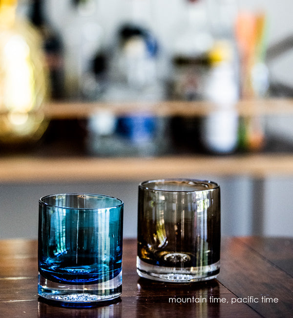mountain time rocker transparent two toned cobalt blue, Pacific time dusty bronze transparent, hand-blown lowball drinking glass