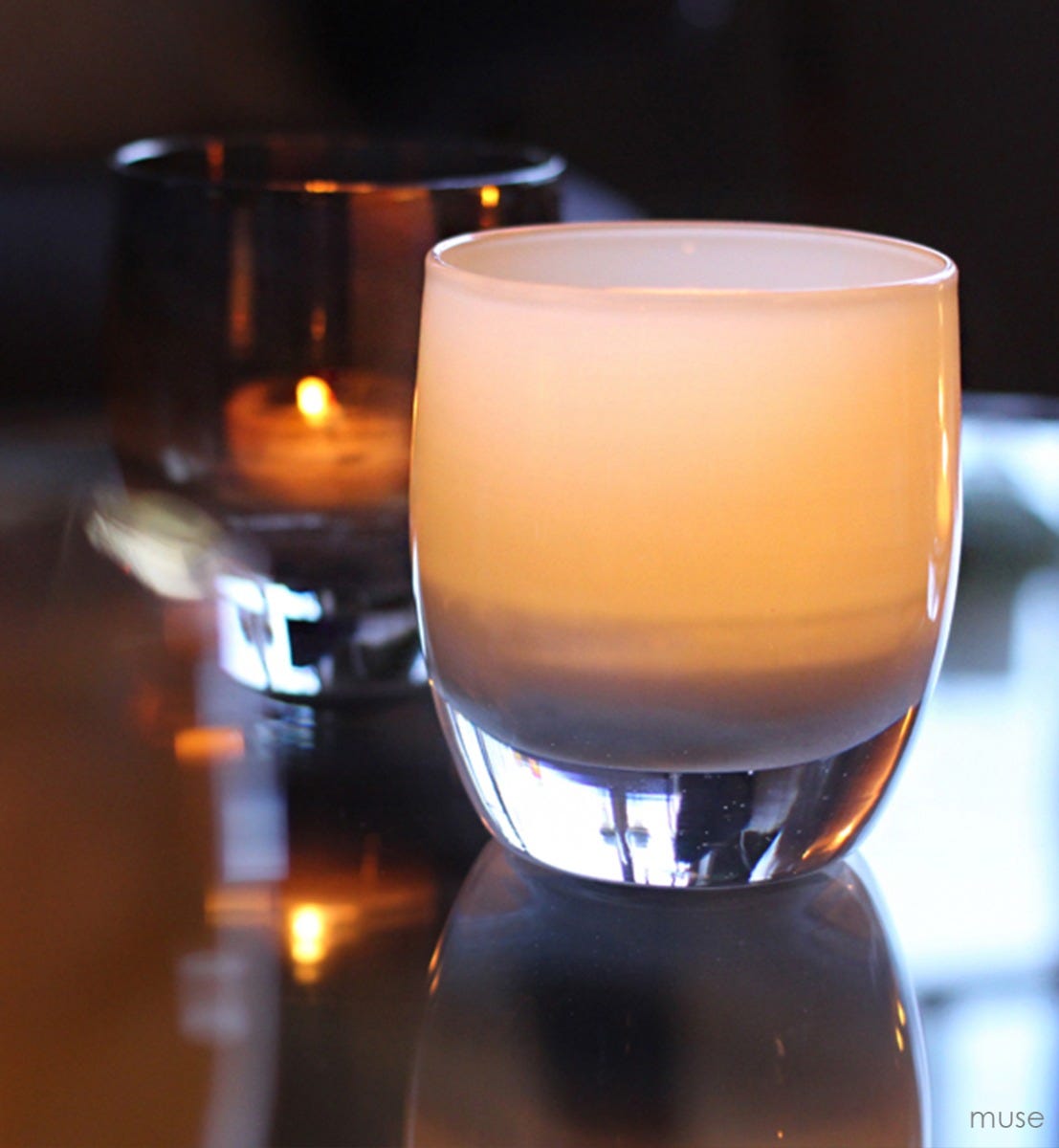 muse gray hand-blown glass votive candle holder.