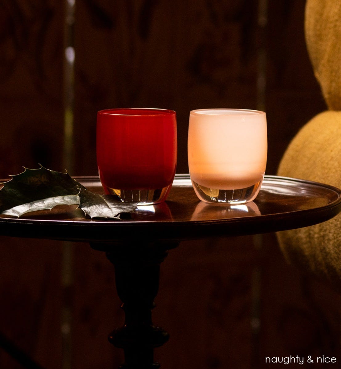 naughty and nice set, naughty red, nice white, set of hand-blown glass votive candle holders