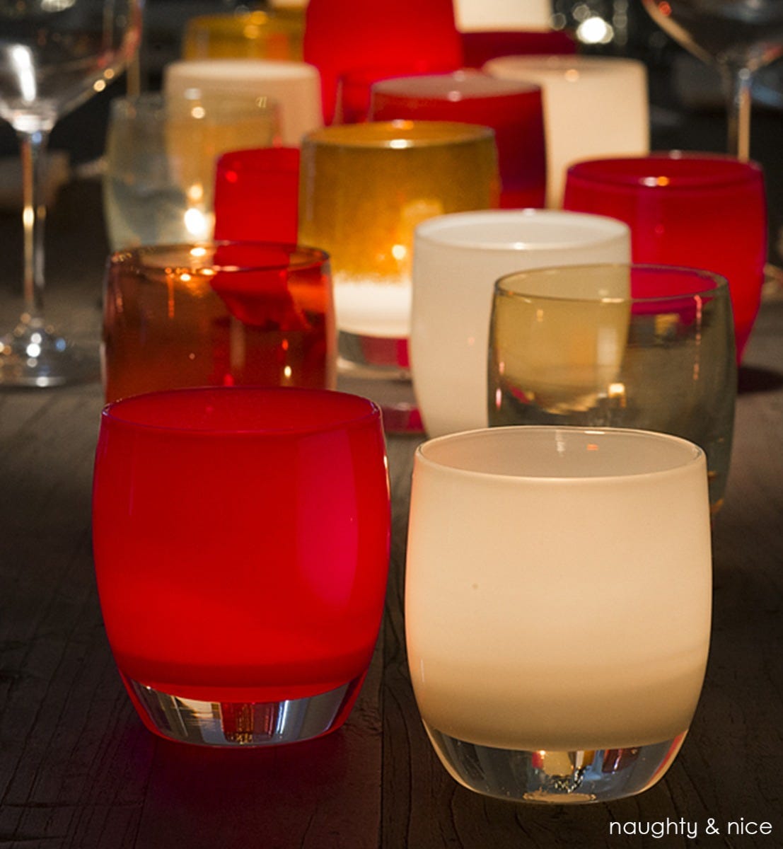 naughty and nice set, naughty red, nice white, set of hand-blown glass votive candle holders