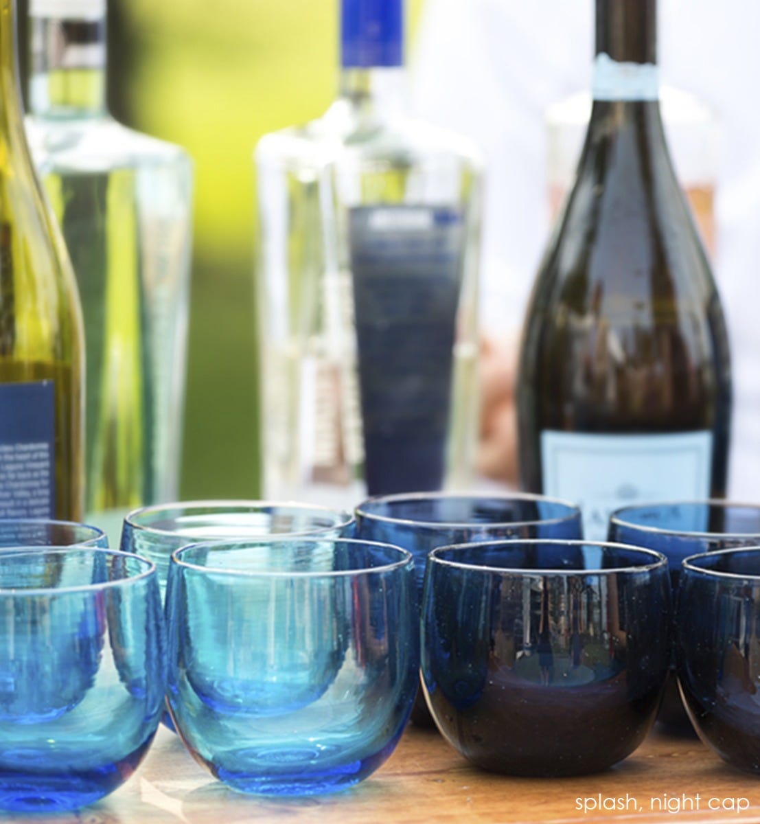 night cap, dark navy blue, hand-blown drinking glass, paired with splash blue transparent