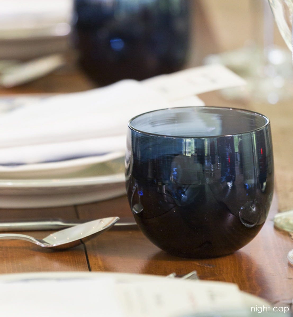 night cap, dark navy blue, hand-blown drinking glass