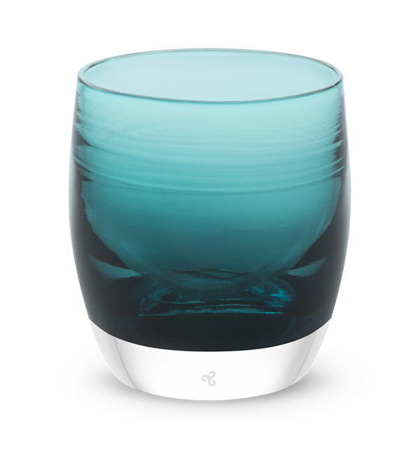night out dark aqua blue transparent, hand-blown glass votive candle holder.