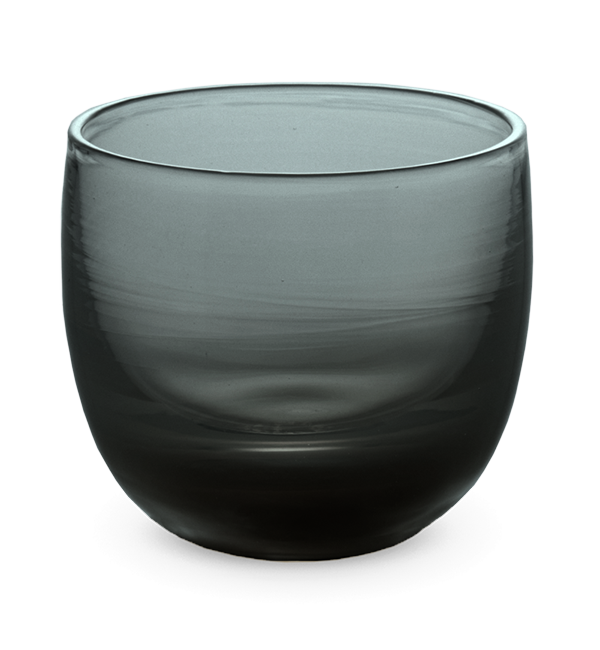 old fashioned, black hand-blown drinking glass