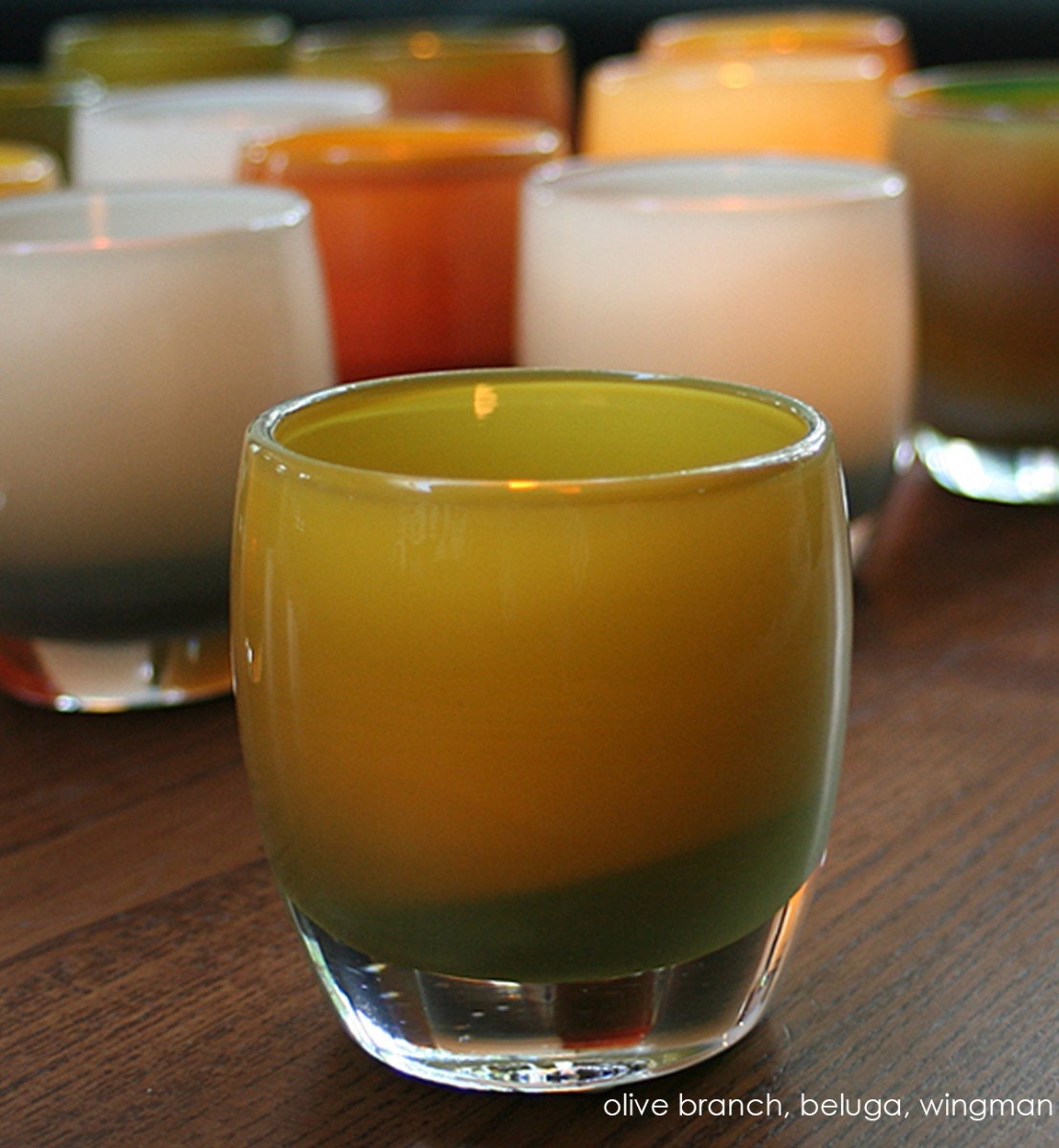 olive branch, green olive hand-blown glass votive candle holder. Paired with beluga and wingman.