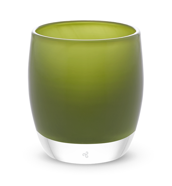 olive branch, green olive hand-blown glass votive candle holder.