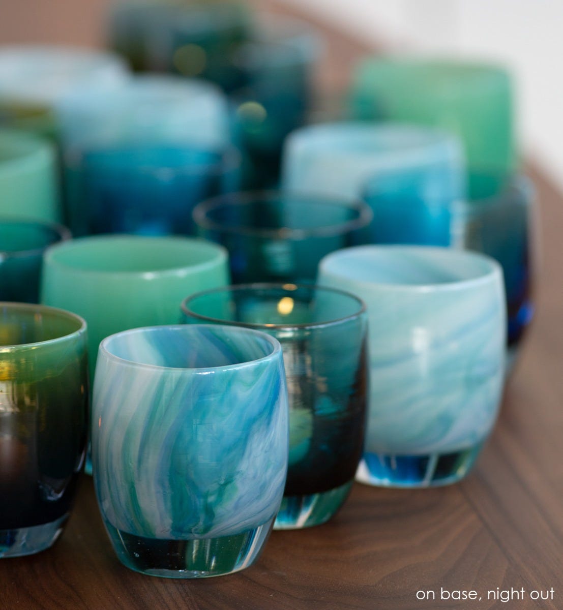 on base blue green swirled hand-blown glass votive candle holders