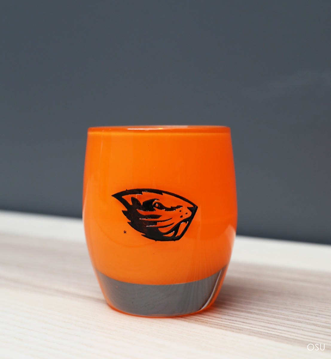 osu, Oregon State University mascot on orange, hand-blow glass votive candle holder.
