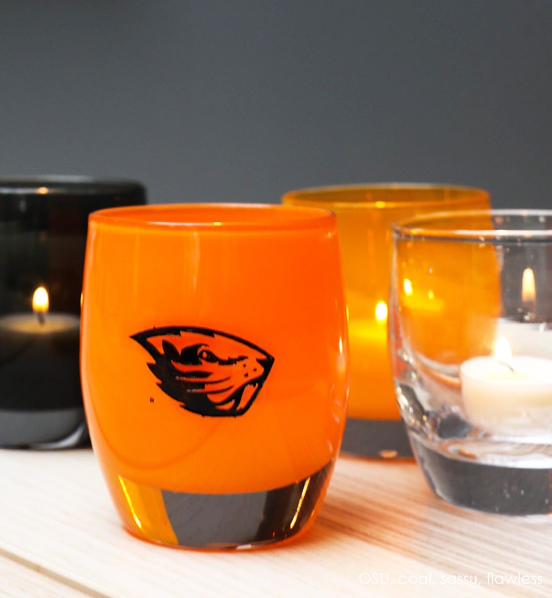 osu, Oregon State University mascot on orange, hand-blow glass votive candle holder.