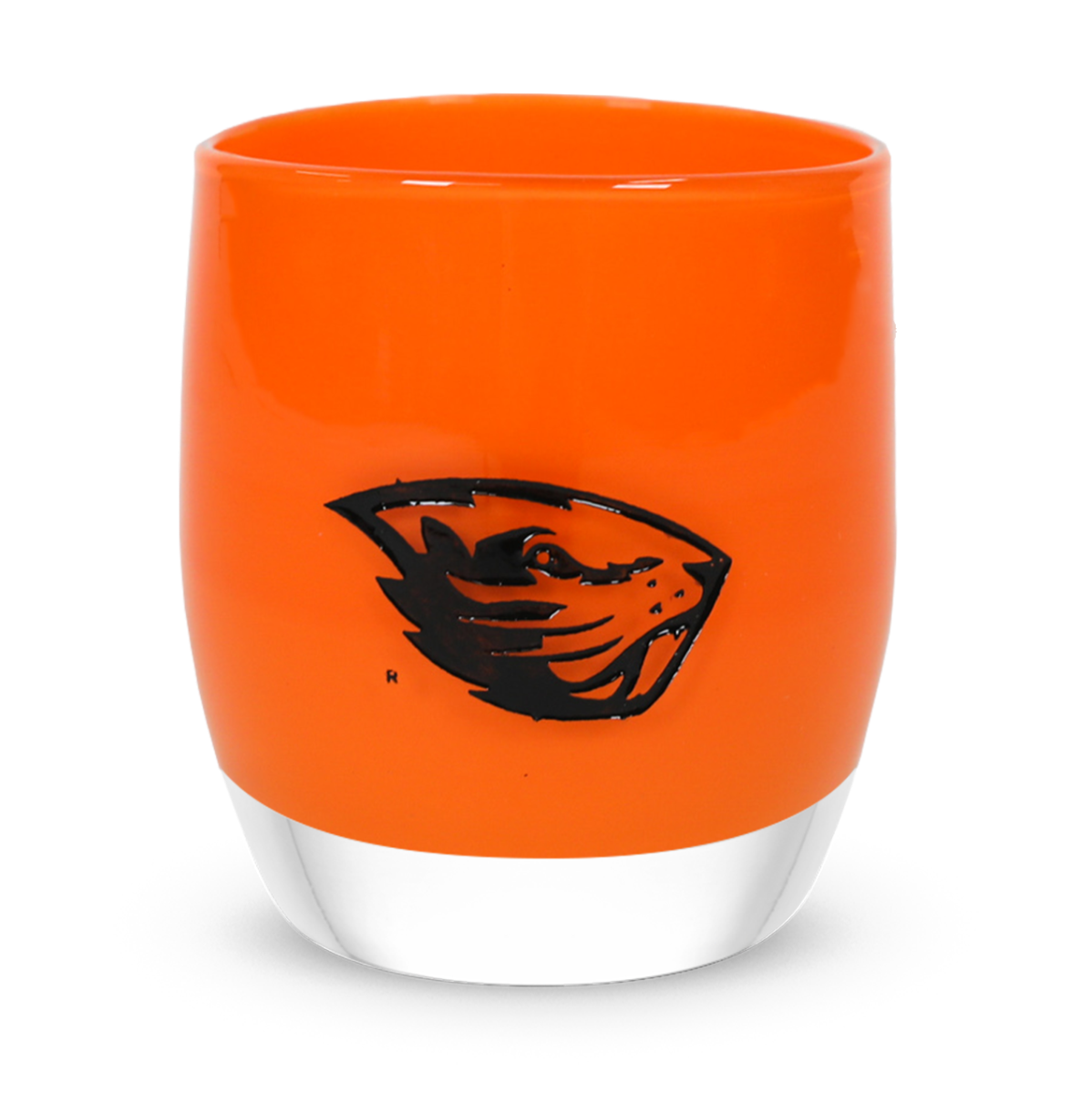 osu, Oregon State University mascot on orange, hand-blow glass votive candle holder.