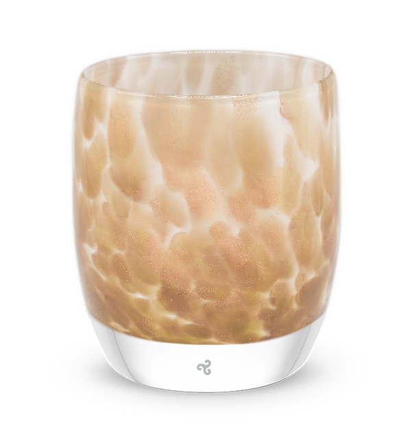 over the river, gold glitter swirled petals, hand-blown glass votive candle holder