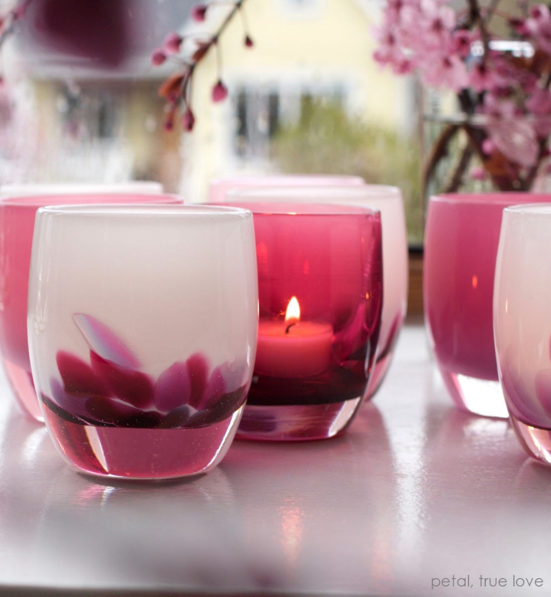 petal, white with pink petals emerging from the bottom, hand-blown glass votive candle holder, paired with true love