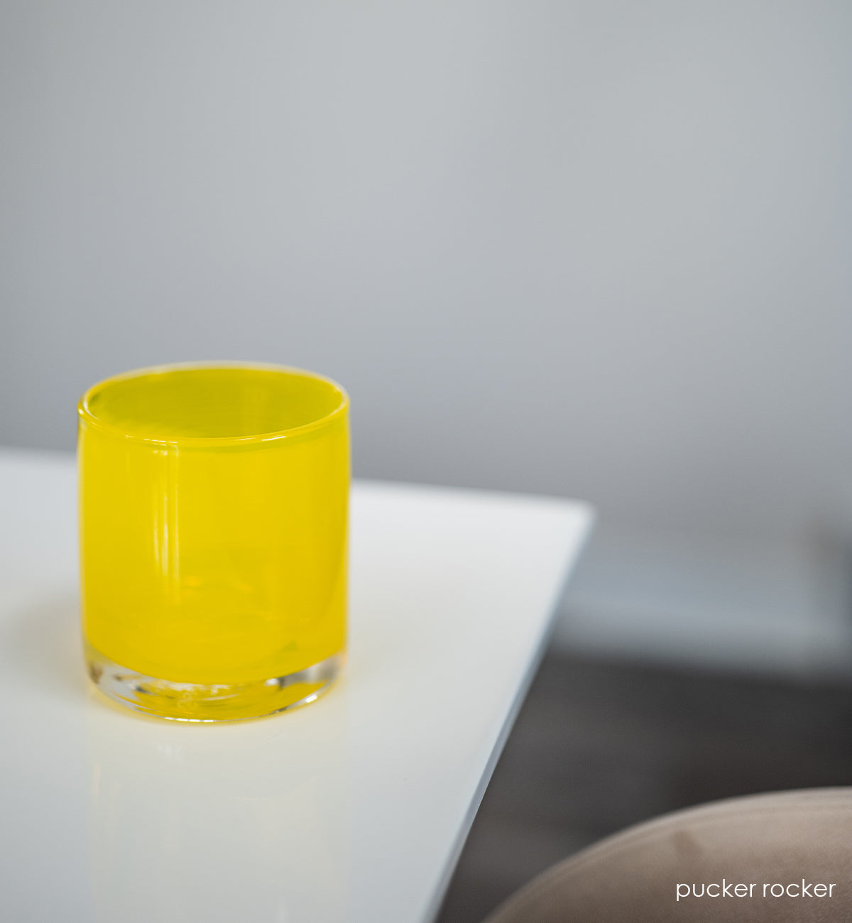 bright yellow hand-blown lowball glass.
