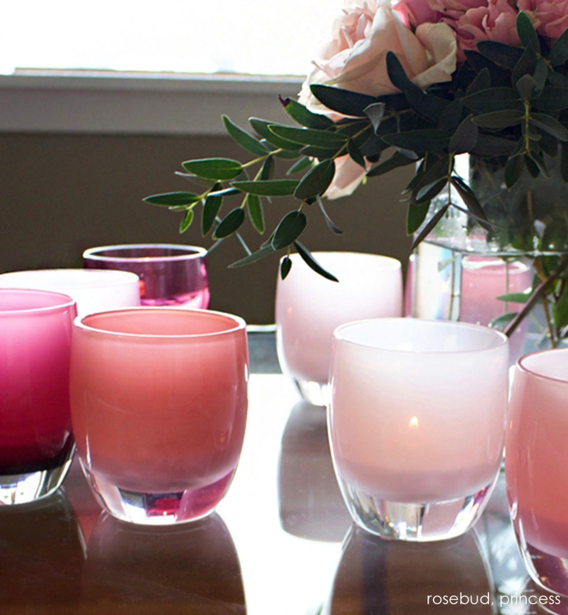 rosebud rosewood hand-blown glass votive candle holder. Paired with princess.