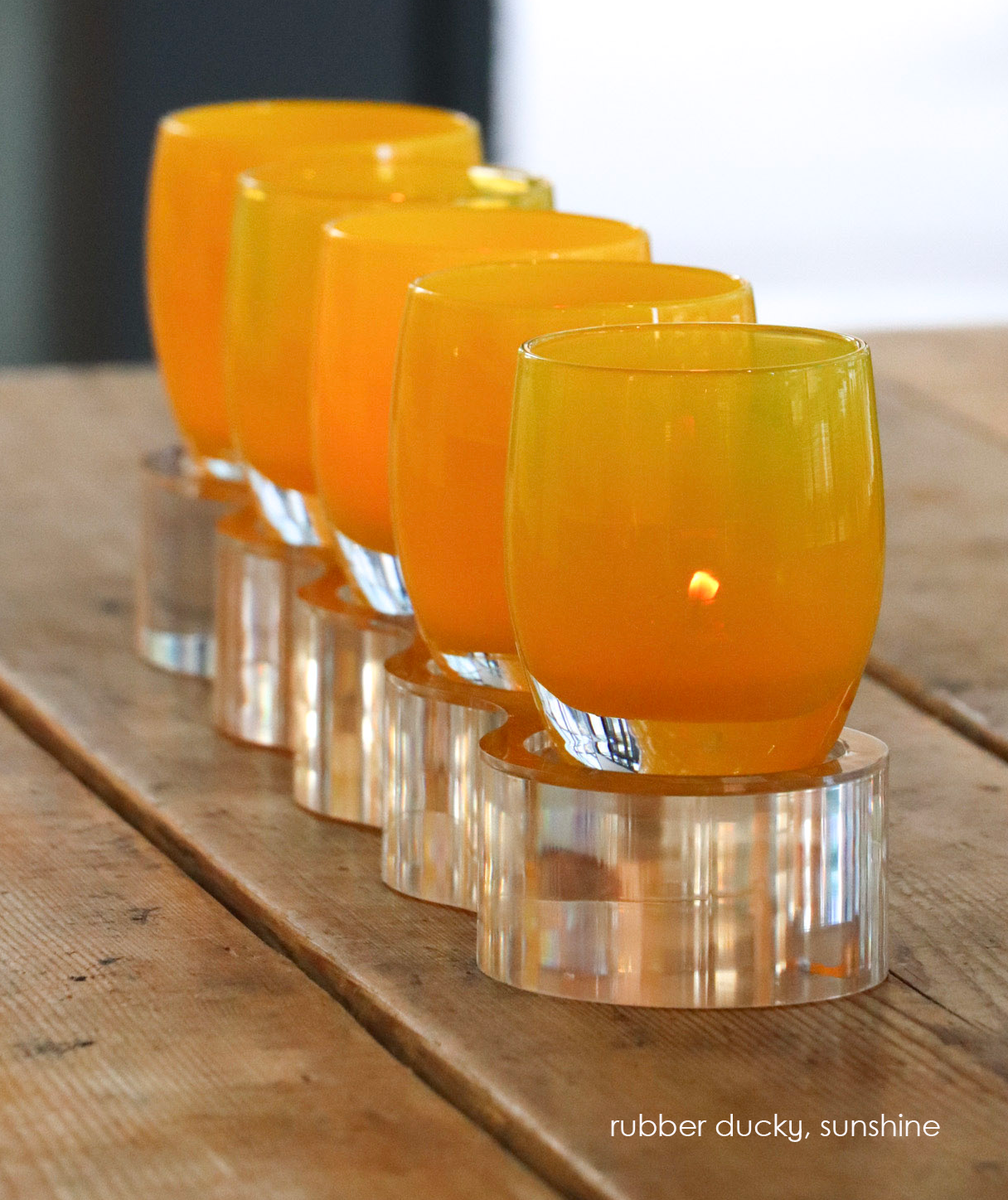rubber ducky yellow translucent, sunshine opaque yellow, hand-blown glass votive candle holders