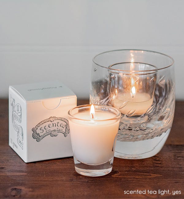 glassybaby scented tea light candle with box, paired with yes.